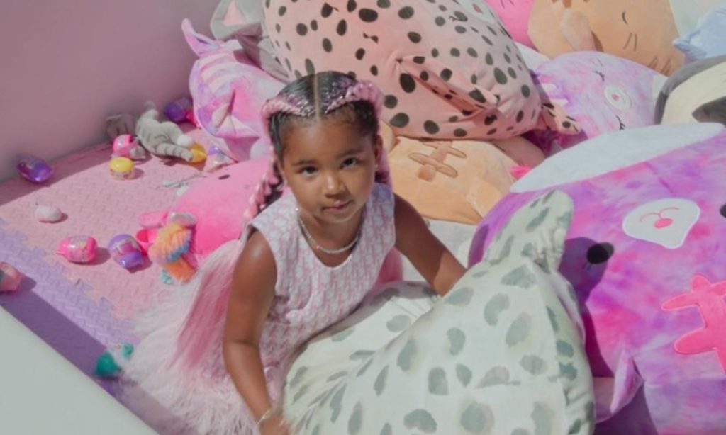 True Thompson plays with huge plushes of animals for her fourth birthday party