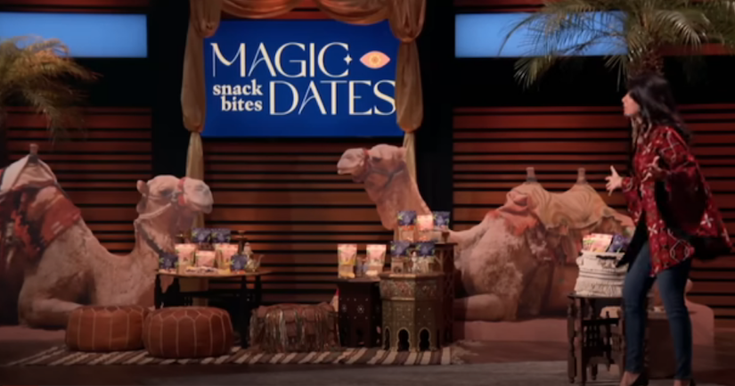 Diana Jarrar pitches her company, Magic Dates, on Shark Tank with camel cut outs for decoration and products placed on set