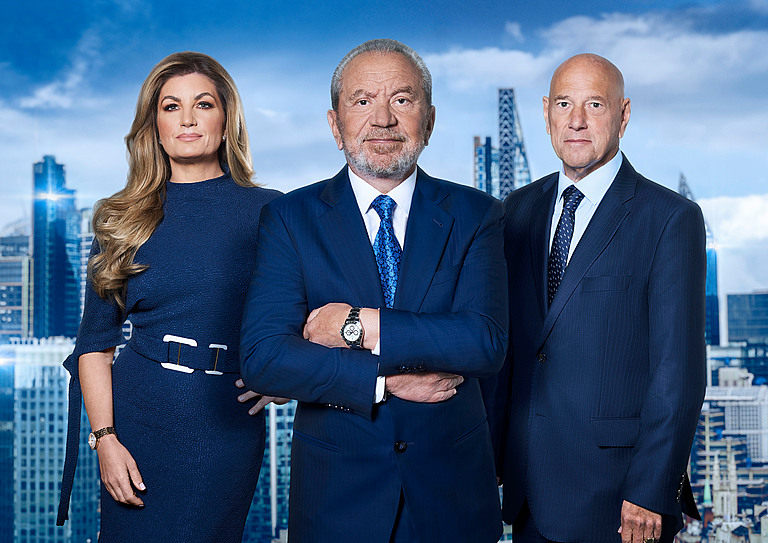 Baroness Karren Brady, Lord Sugar, Claude Littner pose together for The Apprentice promo photo
