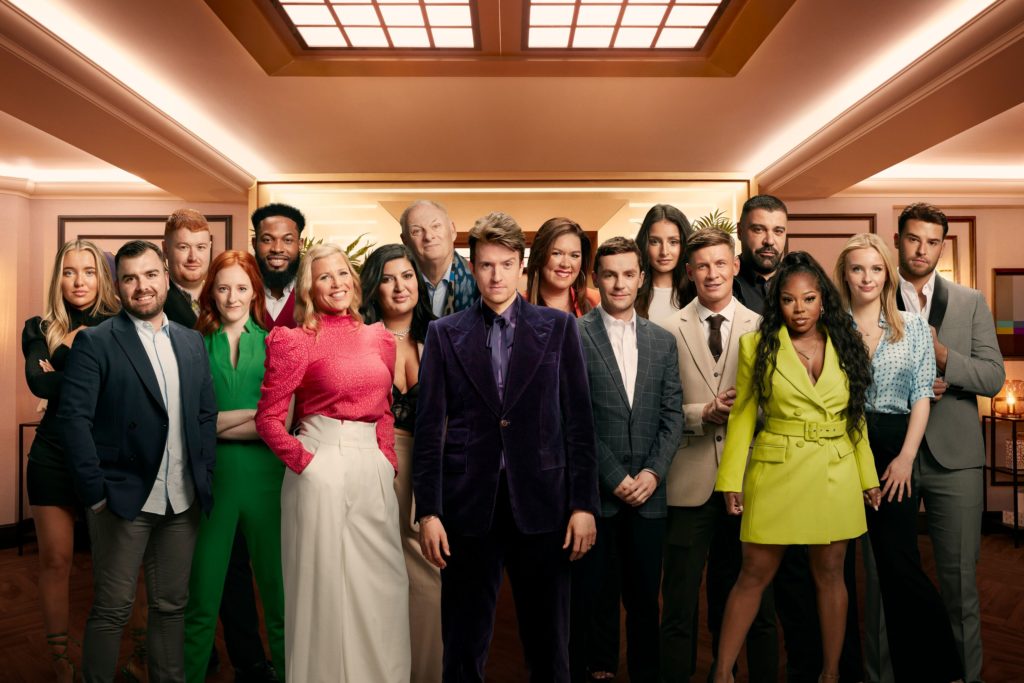 Group shot of the Rise and Fall cast with Greg James