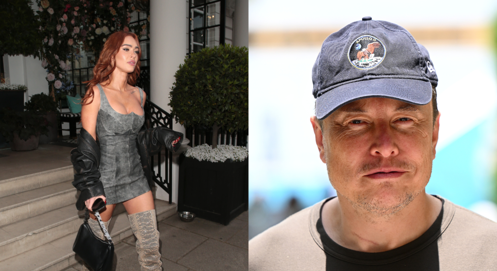 Left: Megan Fox wears long grey boots with grey dress and black jacket, holding black bag in hand. Right: Elon Musk wears hat with slight smirk on face.