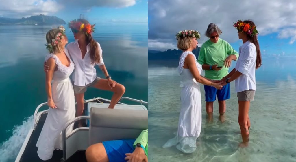 Split image of Lyssa Chapman and her wife at their wedding ceremony in Hawaii