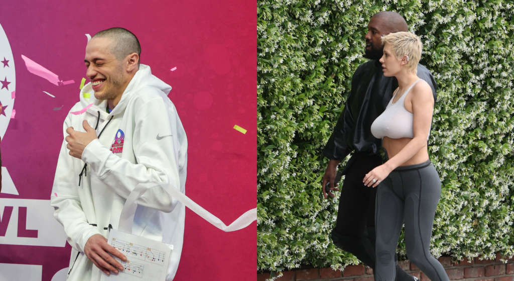 Left: Pete Davidson smiles closing eyes, with one hand held in front of chest, wearing white tracksuit. Right: Bianca Censori from her left pictured walking next to Kanye West behind her, next to bush.