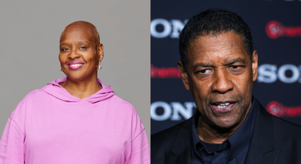 Left: Felicia Cannon smiles wearing pink hoodie. Right: Denzel Washington looks to left of camera biting lip in front of Sony background.