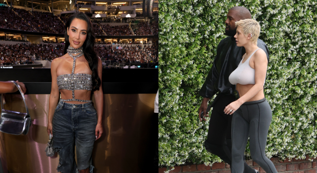 Left: Kim Kardashian wears sparkly crop top and jeans with silver bag in left hand. Right: Bianca Censori and Kanye West pictured from their left holding hands, Bianca wears white crop top and black trousers, while Kanye West wears leather top and bottoms, green hedge behind.
