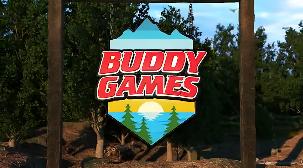 Buddy Games logo appears on screen over background image of woodland and trees