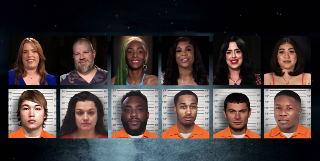 Image shows 12 Love During Lockup cast members, top row of headshots and bottom row of jail mugshots