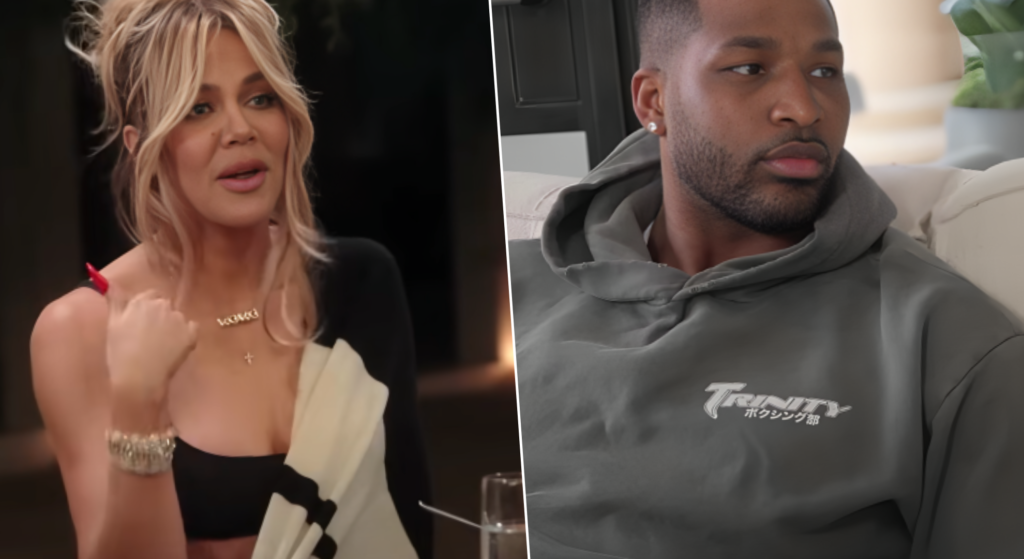 Khloe Kardashian sits at dinner table pointing at herself next to image of Tristan Thompson looking across at someone out of shot sitting on sofa wearing grey hoodie
