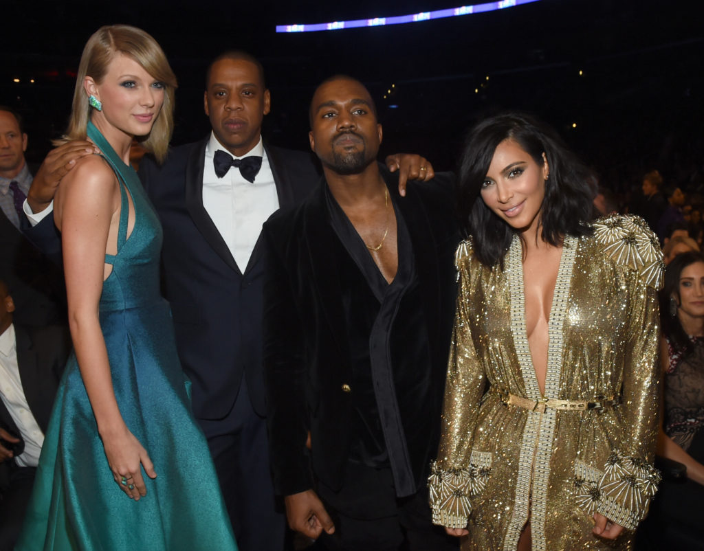 Taylor Swift, Jay Z, Kanye West and Kim Kardashian  pose together at the 57th Annual GRAMMY Awards 
